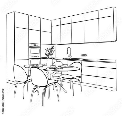 Modern kitchen design in apartment interior. Kitchen table in the room. Home Interior Design. Drawing