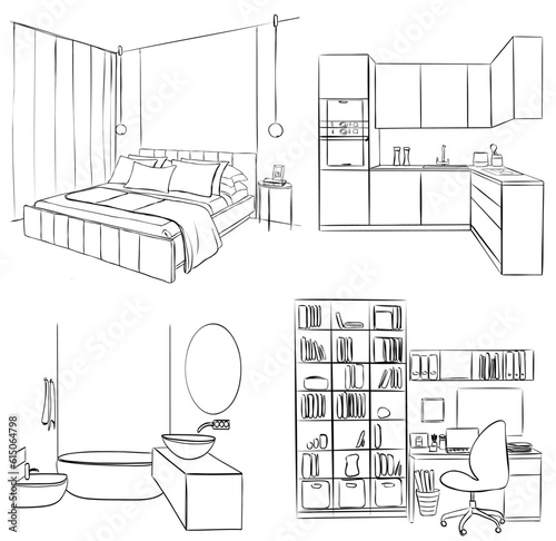 Sketch of an interior. Apartment design, set. Bedroom, kitchen, bathroom, home office