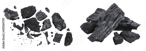 Natural wooden charcoal isolated on white background with full depth of field. Top view. Flat lay