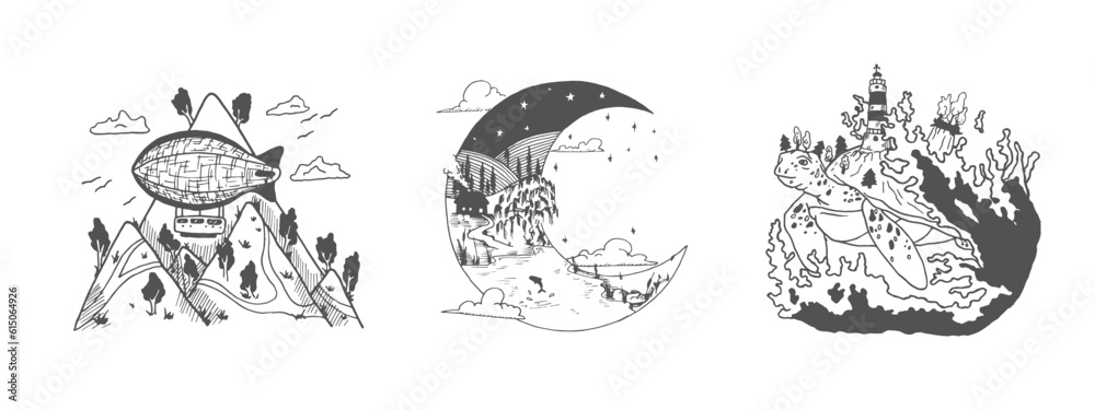 custom made wallpaper toronto digitalHanddrawn landscape illustration, Nature artwork, Mountains, Drawing, Nature design, Tattoo handdrawn, Moon, Turtle