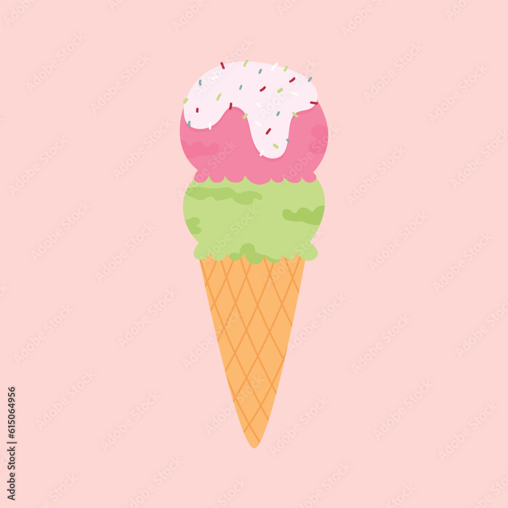 Ice cream poster in a waffle cone with berry and matcha flavors top of it cream with sprinkles on white background. Vector illustration in cartoon style. Ice cream poster in a waffle cone with berry and matcha flavors top of it cream with sprinkles on white background. Vector illustration in cartoon style.
