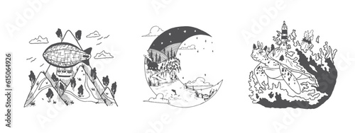 Handdrawn landscape illustration, Nature artwork, Mountains, Drawing, Nature design, Tattoo handdrawn, Moon, Turtle