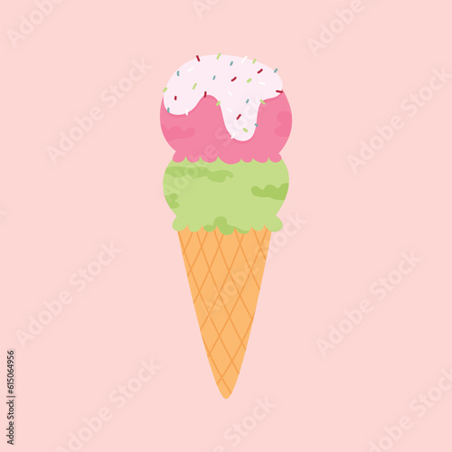 Ice cream poster in a waffle cone with berry and matcha flavors top of it cream with sprinkles on white background. Vector illustration in cartoon style.