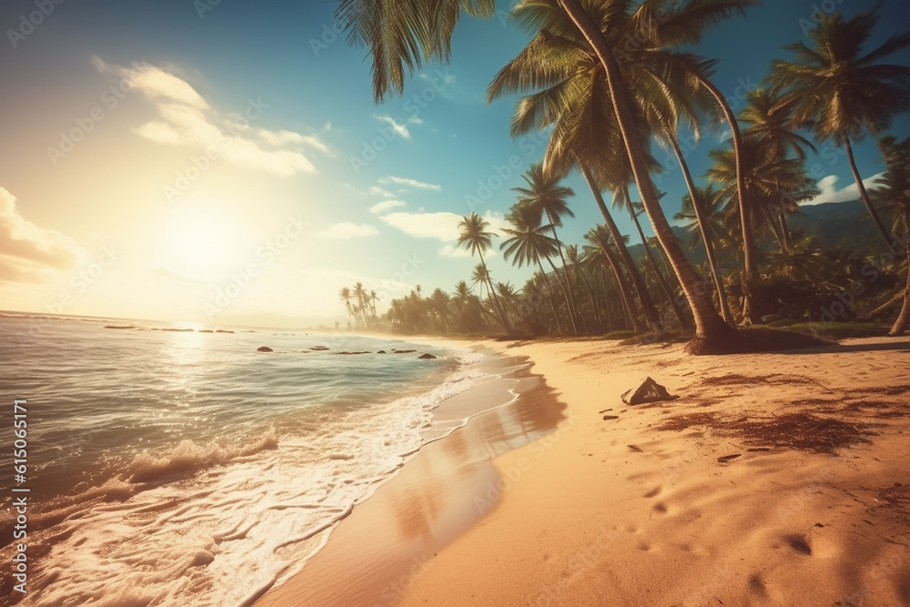 Beautiful tropical beach with coconut palm trees at sunset. Vintage toned. Illustration of ai generative
