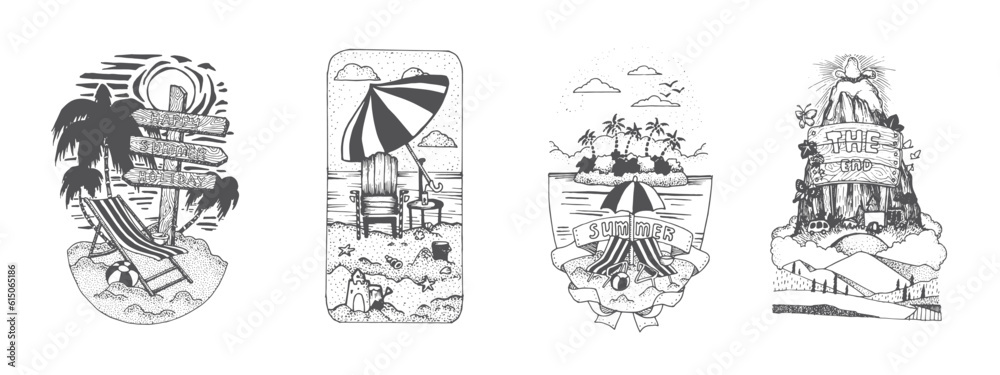Handdrawn beach illustration, Nature artwork, Mountains, Drawing, Nature design, Tattoo handdrawn, Summer, Sea, Ocean, Beach