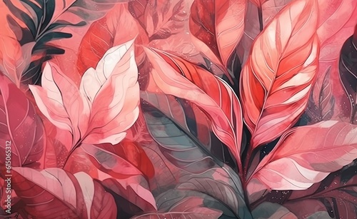 Botany pink illustration of foliage and flowers - ai generated