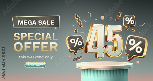 Save offer, 45 off sale banner. Sign board promotion. Vector illustration