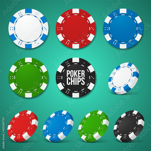Poker chips in different color. White, red, blue, green and black chips on bright background. Vector illustration.