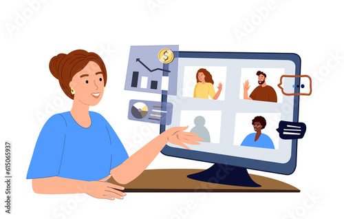 Young Business woman leading planning meeting with team online.Financial business videocall with colleagues in zoom.Manager Freelancer Working Remotely .Seminar Conference.Flat Vector Illustration