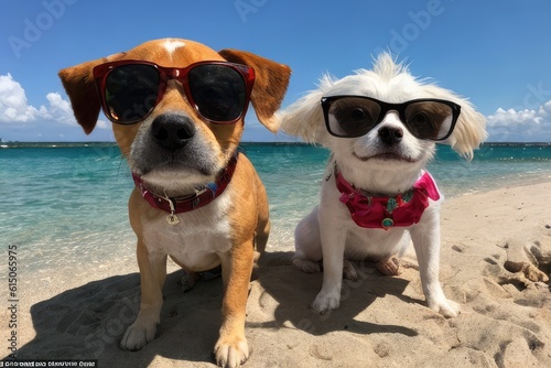 two dogs wearing sunglasses on the beach, generative ai © drimerz
