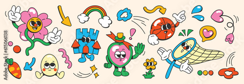 Set of 70s groovy element vector. Collection of cartoon characters, doodle smile face, flower, castle, rainbow, egg, heart, basketball, bottle. Cute retro groovy hippie design for decorative, sticker.