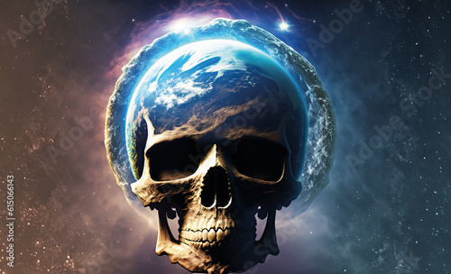 Skull shaped earth on space background