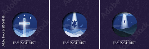 Happy Ascension Day of Jesus Christ. Ascension icons on dark blue background. Jesus ascending into sky. Beautiful blue cross. Vector Illustration. EPS 10.