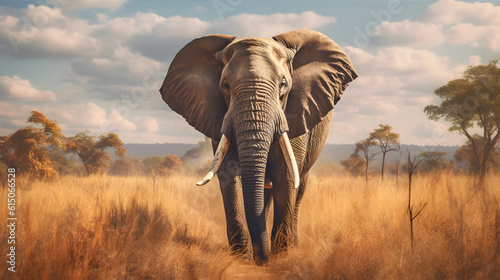 A majestic African elephant standing in a sunlit savannah, showcasing its enormous tusks. Vulnerability of this endangered species