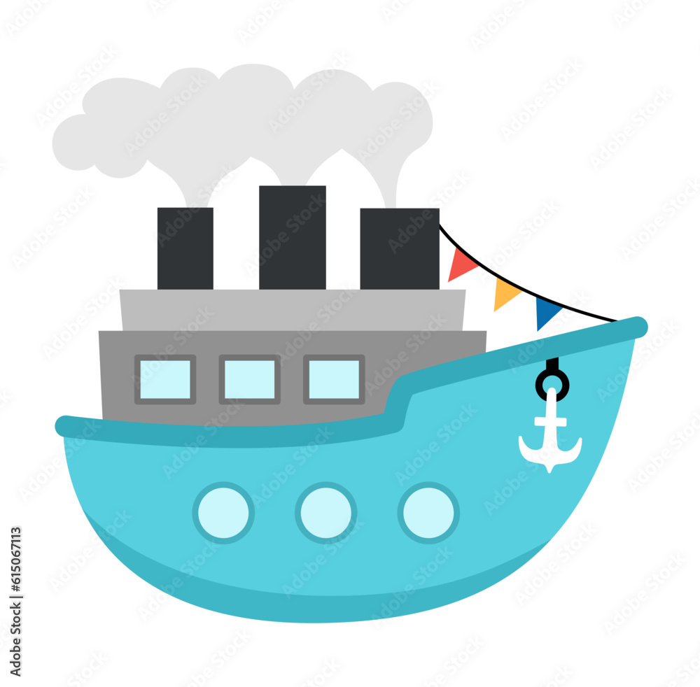Obraz premium Vector blue steamship with tubes, steam, anchor, flag. Water transport icon. Funny nautical transportation ship clipart for kids. Cute marine vehicle icon isolated on white background.