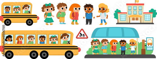 Vector transportation set with children. Funny school bus clipart collection with driver, little schoolchildren, bus stop, building for kids. Cute boys and girls waiting for schoolbus.