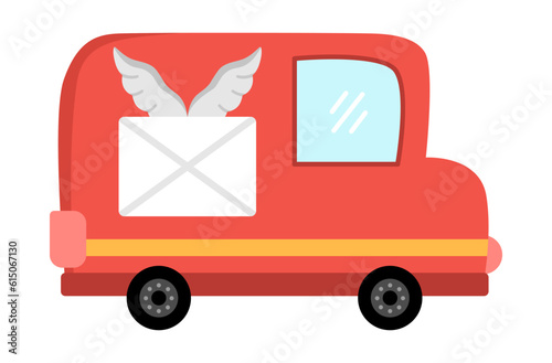 Vector red post truck. Funny transportation for kids. Cute vehicle for delivering mail clip art. Special transport icon isolated on white background.