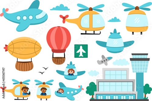 Vector air transport set. Funny transportation collection with plane, zeppelin, helicopter, hot air balloon, clouds, airport clip art for kids. Cute airborne vehicles icons with front and side view.