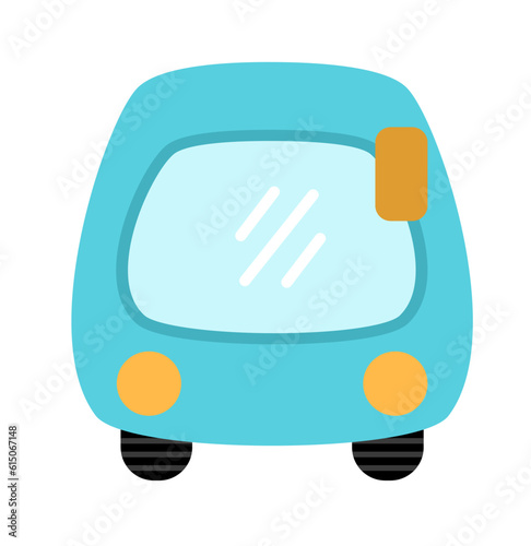 Vector blue bus front view icon. Funny autobus for kids. Cute vehicle clip art. Public transport isolated on white background.