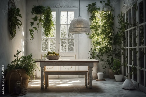 A shut porch with a white table and suspended greenery. Generative AI