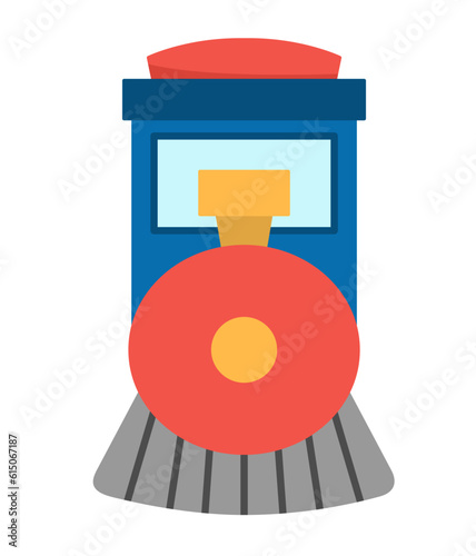 Vector blue steam train front view. Funny locomotive or engine with yellow wagons for kids. Cute vehicle clip art. Public transport icon isolated on white background.