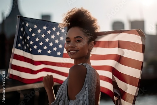Woman holding American flag celebrating Independence day 4th July
