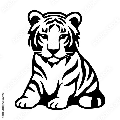Cute sitting tiger baby black outlines monochrome vector illustration