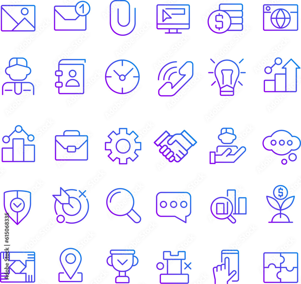 Business pixel perfect gradient linear vector icons set. Commerce and finance. Digitalization and innovations. Thin line contour symbol designs bundle. Isolated outline illustrations collection