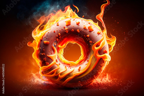 Weight management concept. Generative AI. Fiery donut melts from the fire. National Donut Day or Fat Thursday. Weight loss and calorie burning. Diet and healthy eating. photo