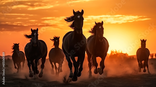 Wide - angle photo portrait silhouette of horses running on plains, the sun is setting, silhouette of running stallions, wild horses running, dusk and sunse. Generative AI