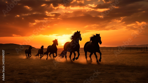 Wide - angle photo portrait silhouette of horses running on plains, the sun is setting, silhouette of running stallions, wild horses running, dusk and sunse. Generative AI