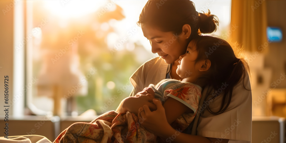 Obraz premium A nurse comforting a child patient with a gentle touch, in a cozy and colorful pediatric ward. The atmosphere is warm and nurturing