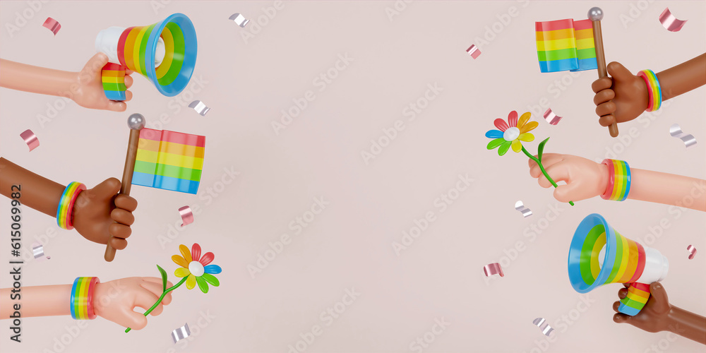 3d Pride festive banner background with multi ethnic hands, flags, megaphones and copy space for LGBTQIA+ Pride month, love diversity celebration and the fight for human rights in 3D illustration. 3d Pride festive banner background with multi ethnic hands, flags, megaphones and copy space for LGBTQIA+ Pride month, love diversity celebration and the fight for human rights in 3D illustration.