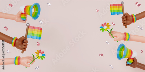 3d Pride festive banner background with multi ethnic hands  flags  megaphones and copy space for LGBTQIA  Pride month  love diversity celebration and the fight for human rights in 3D illustration.
