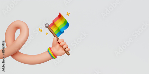 3d hand holding flag and celebrating bisexual homosexual transgender equality. 3d rendering illustration..