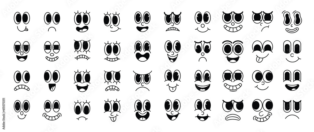 Set of 70s groovy comic faces vector. Collection of cartoon character faces, in different emotions, happy, angry, sad, cheerful. Cute retro groovy hippie illustration for decorative, sticker. Set of 70s groovy comic faces vector. Collection of cartoon character faces, in different emotions, happy, angry, sad, cheerful. Cute retro groovy hippie illustration for decorative, sticker.