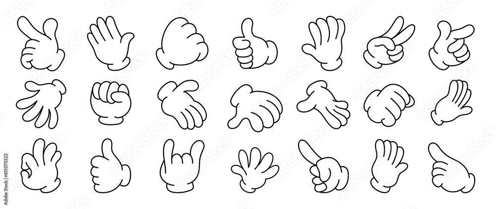Set of 70s groovy comic hand vector. Collection of cartoon character hands, in different poses, okay, pointing, victory sign, high five. Cute retro groovy hippie illustration for decorative, sticker. Set of 70s groovy comic hand vector. Collection of cartoon character hands, in different poses, okay, pointing, victory sign, high five. Cute retro groovy hippie illustration for decorative, sticker.