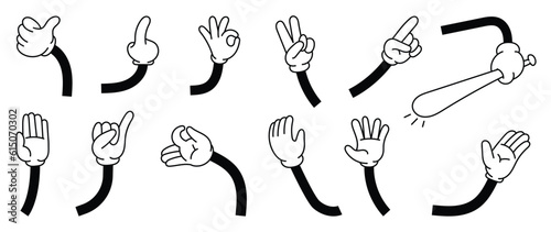 Set of 70s groovy comic hand vector. Collection of cartoon character hands, in different poses, okay, pointing, victory sign, high five. Cute retro groovy hippie illustration for decorative, sticker.