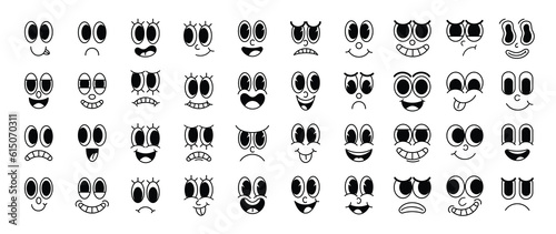 Set of 70s groovy comic faces vector. Collection of cartoon character faces, in different emotions, happy, angry, sad, cheerful. Cute retro groovy hippie illustration for decorative, sticker.