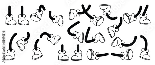 Set of 70s groovy comic leg vector. Collection of cartoon character legs and feet, in different poses, dancing, jumping, walking, shoes. Cute retro groovy hippie illustration for decorative, sticker.