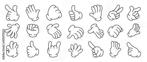 Set of 70s groovy comic hand vector. Collection of cartoon character hands, in different poses, okay, pointing, victory sign, high five. Cute retro groovy hippie illustration for decorative, sticker.