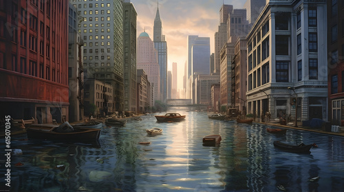  An urban cityscape flooded with rising sea levels, skyscrapers partially submerged in murky water. Boats navigate the flooded streets.