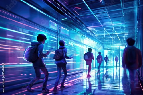 Energetic school kids racing down a futuristic, neon corridor with motion blur