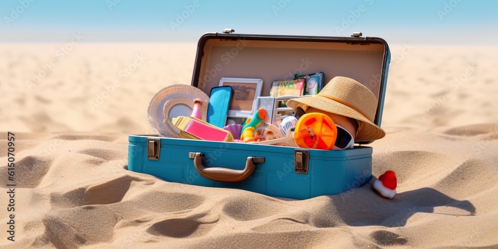 Suitcase, hat and sunglasses on the sand at a beach. Travel concept Suitcase, hat and sunglasses on the sand at a beach. Travel concept