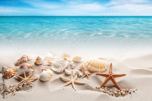 Seashells and starfish on the sand at a tropical beach with clear sky
