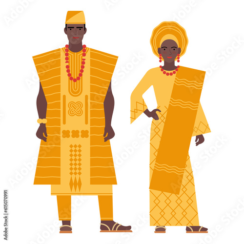 girl and young man in Nigerian folk costumes isolated on a white background. couple of young people in the national traditional clothes of Nigeria. flat drawing in cartoon style. stock vector EPS.