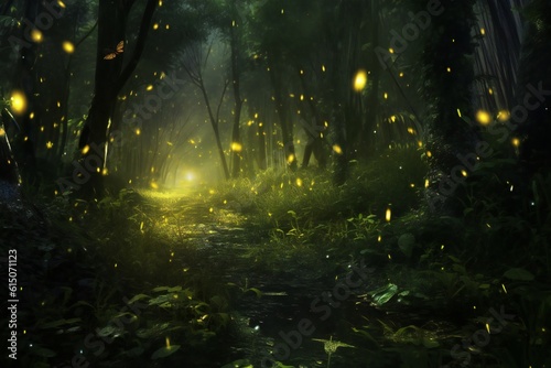 Many small fireflies in the dark magical forest Generative AI © LayerAce.com