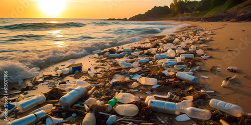 A polluted coastline with trash strewn across the sand and plastic bottles floating in the polluted water