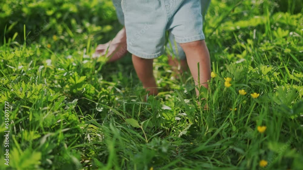 baby first step. happy family baby kid concept. baby bare feet makes the first steps on the green grass in the park. baby learns to walk on the grass dream with bare feet in the park in summer world baby first step. happy family baby kid concept. baby bare feet makes the first steps on the green grass in the park. baby learns to walk on the grass dream with bare feet in the park in summer world