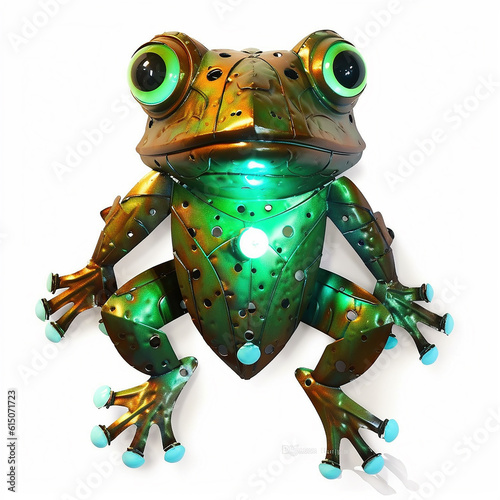 Textured green metal frog made of  scrap metal in the style of salvagepunk against a white background.  Generative AI. photo